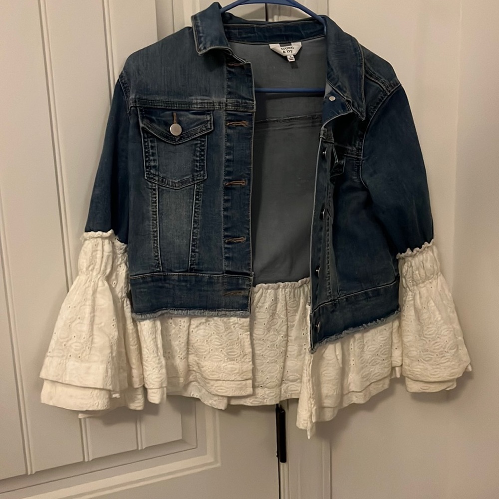 Crown & Ivy Jean Jacket with Ruffle Sleeves